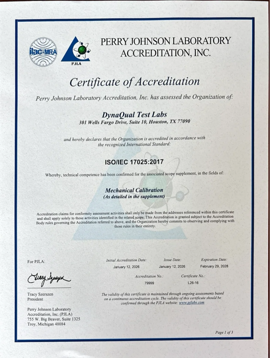 PJLA Calibration Scope of Accreditation for DynaQual Test Labs